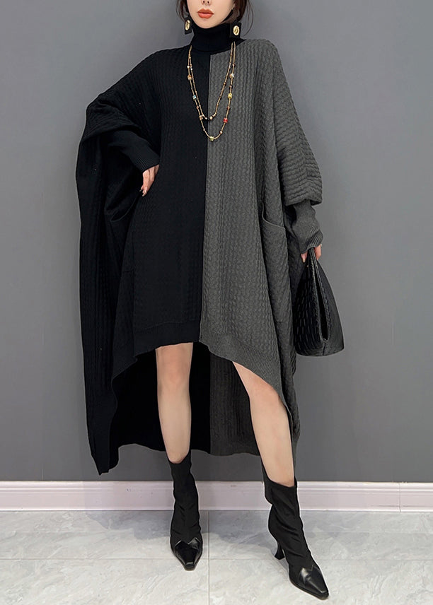 Women Red Black Hign Neck Asymmetrical Patchwork Knit Dresses Batwing Sleeve