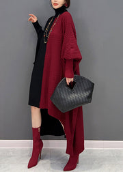 Women Red Black Hign Neck Asymmetrical Patchwork Knit Dresses Batwing Sleeve