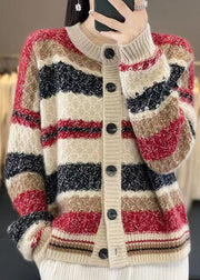 Women Red Button Patchwork Cashmere Coats Long Sleeve