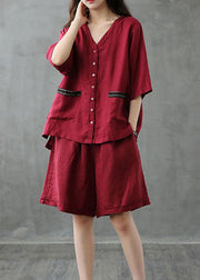 Women Red Button Patchwork Tops And Shorts Linen Two Pieces Set Summer