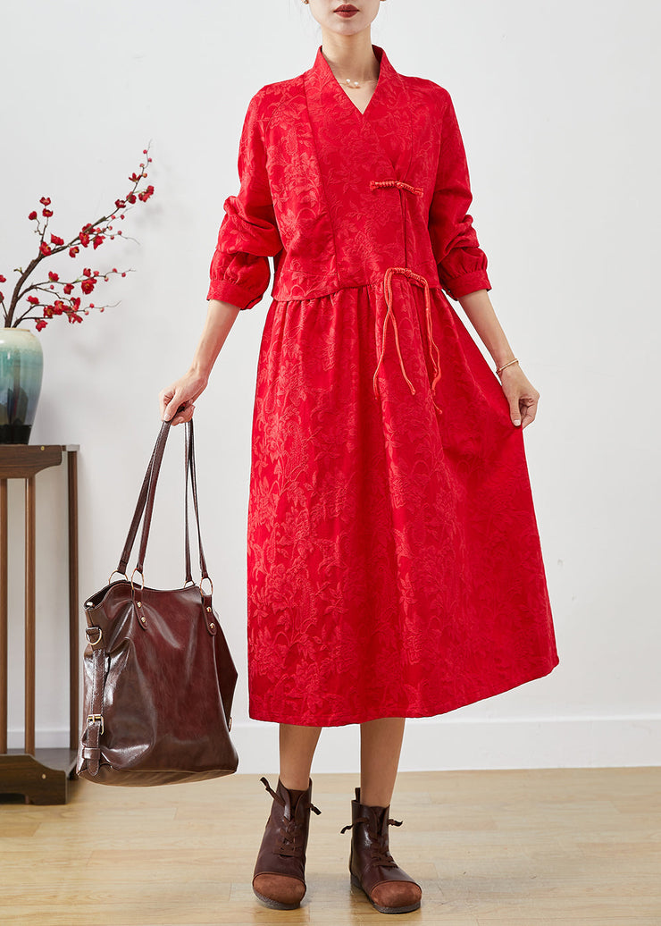 Women Red Chinese Button Jacquard Dresses Fall