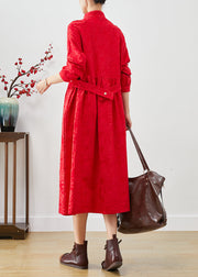 Women Red Chinese Button Jacquard Dresses Fall