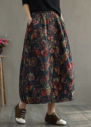 Women Black - texture Elastic Waist Patchwork Print Fine Cotton Filled Skirt Winter