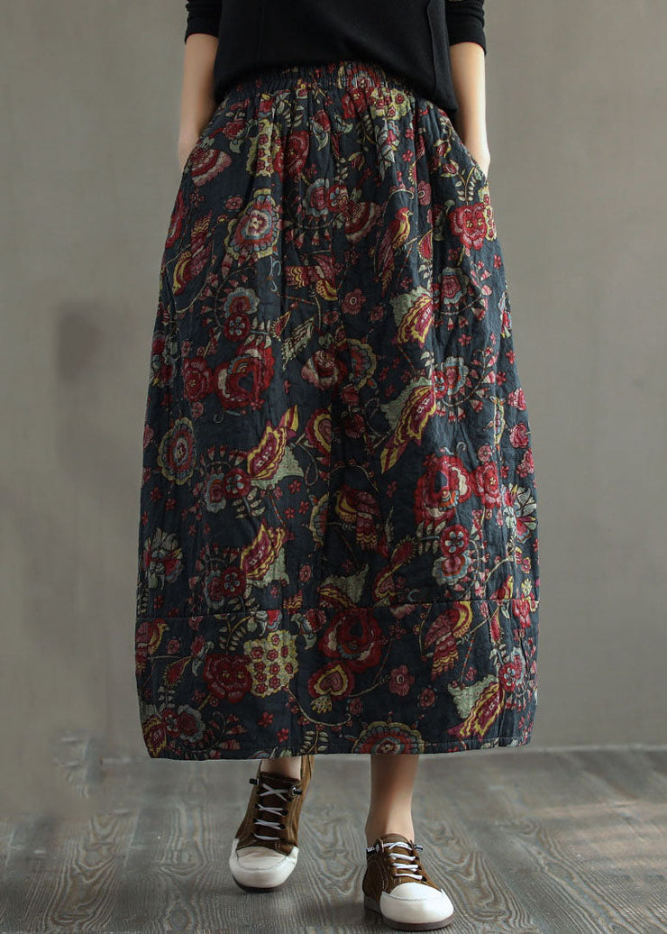 Women Geometry Elastic Waist Patchwork Print Fine Cotton Filled Skirt Winter