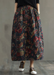 Women Red Elastic Waist Patchwork Print Fine Cotton Filled Skirt Winter