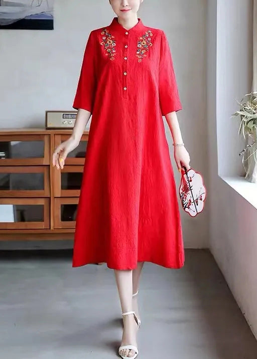 Women Red Embroidered Button Cotton Dress Half Sleeve