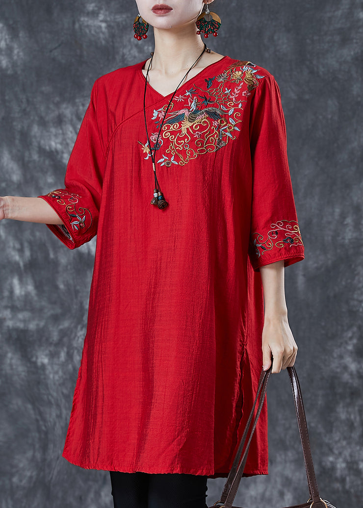 Women Red Embroidered Linen Mid Dresses Summer