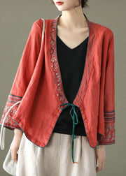 Women Red Embroideried Long sleeve Linen Shirt - bagstylebliss