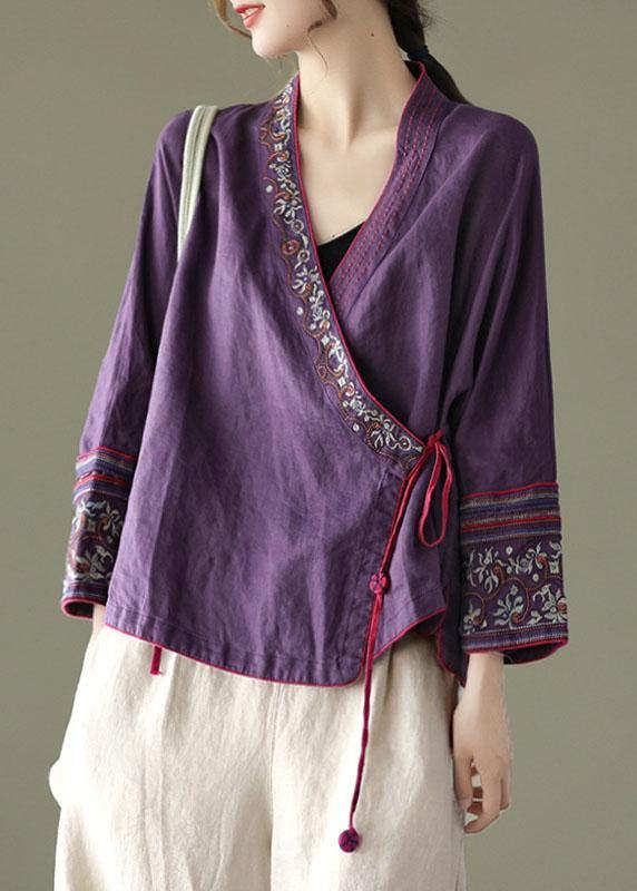 Women Red Embroideried Long sleeve Linen Shirt - bagstylebliss