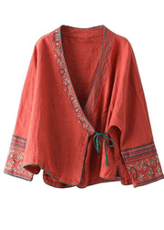 Women Red Embroideried Long sleeve Linen Shirt - bagstylebliss