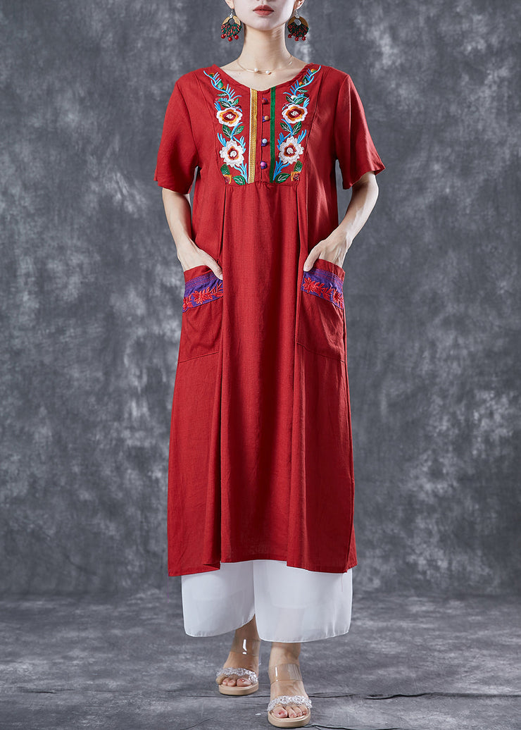 Women Red Embroideried Patchwork Linen Dress Summer