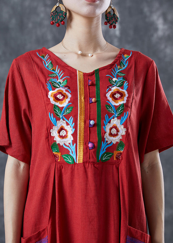 Women Red Embroideried Patchwork Linen Dress Summer