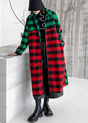 Women Red Green Plaid Peter Pan Collar Patchwork Woolen Trench Winter