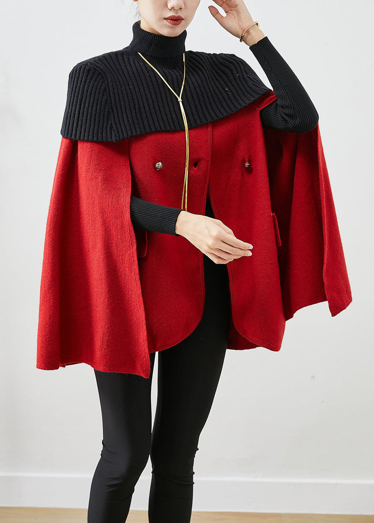 Women Red High Neck Knit Patchwork Woolen Coats Cloak Sleeves