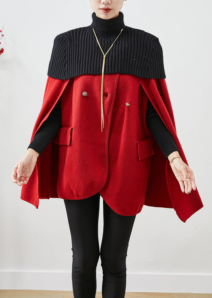 Women Red High Neck Knit Patchwork Woolen Coats Cloak Sleeves