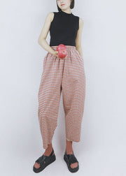 Women Red High Waist Plaid Solid Cotton Harem Pants Summer