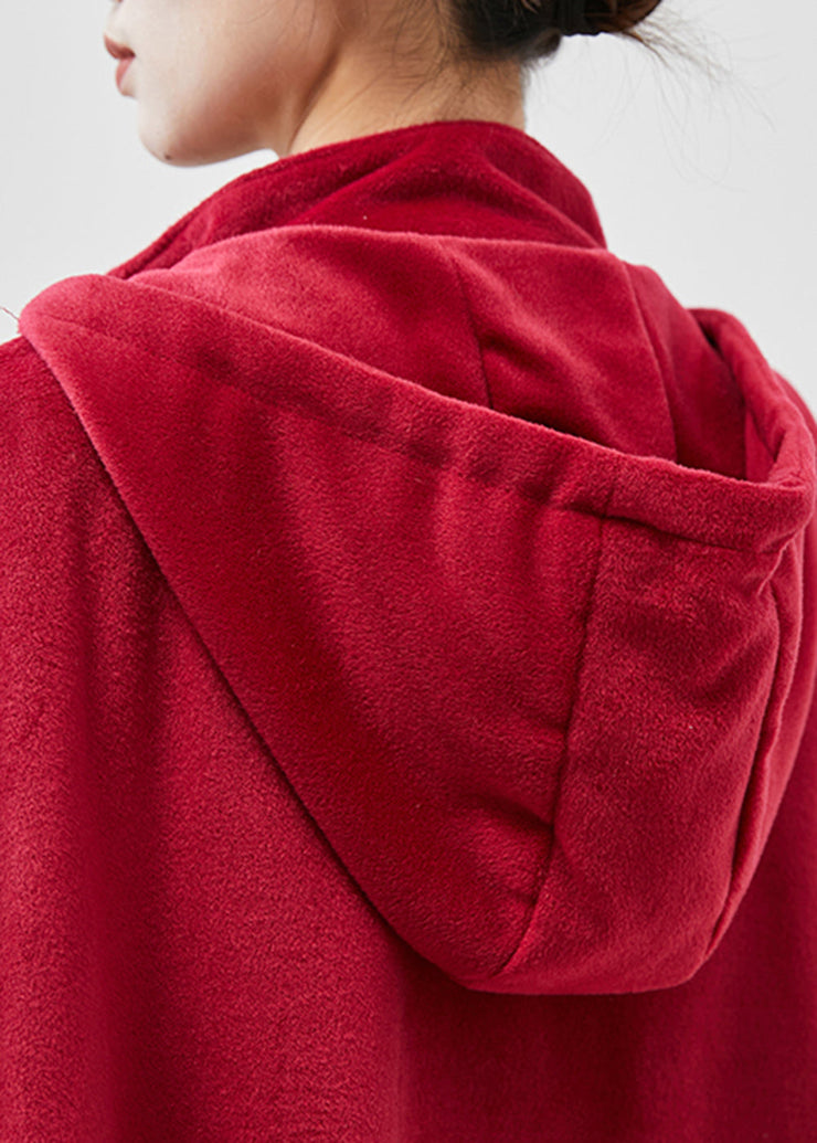 Women Red Hooded Chinese Button Warm Fleece Coats Cloak Sleeves