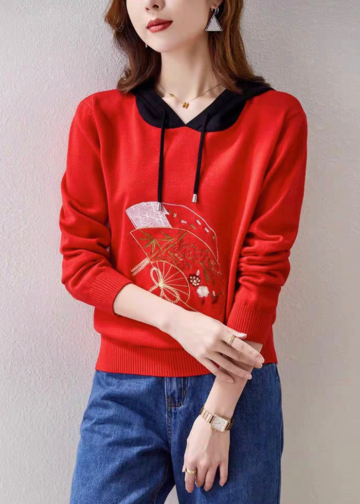 Women Red Hooded Embroideried Patchwork Knit Top Fall