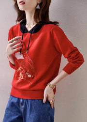 Women Red Hooded Embroideried Patchwork Knit Top Fall