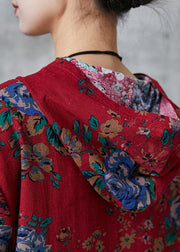 Women Red Hooded Print Cotton Long Dress Summer
