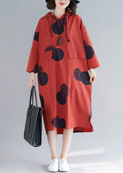 Women Red Hooded Print Cotton Loose Sweatshirt Dress Fall