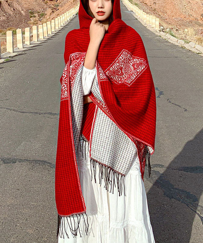 Women Red Hooded Tasseled Print Cashmere Scarf