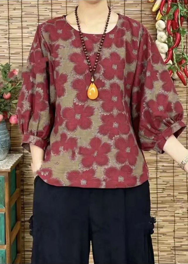 Women Red O-Neck Oversized Print Linen Shirt Bracelet Sleeve