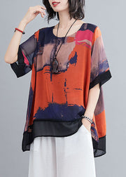 Women Red O-Neck Oversized Tie Dye Chiffon Tanks Short Sleeve