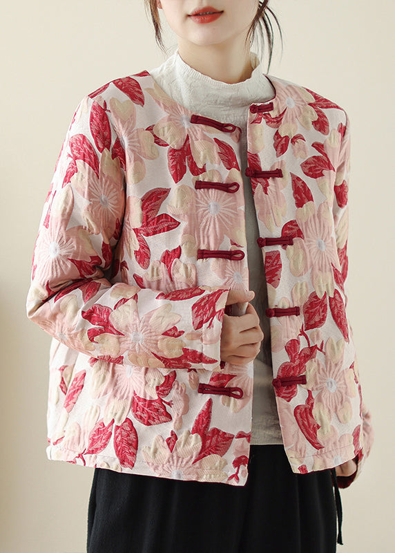 Women Red O Neck Print Button Pockets Thick Coats Winter