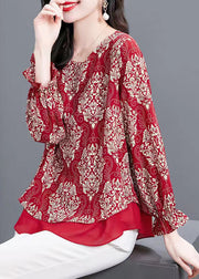 Women Red O Neck Print Patchwork Chiffon Blouses Flare Sleeve