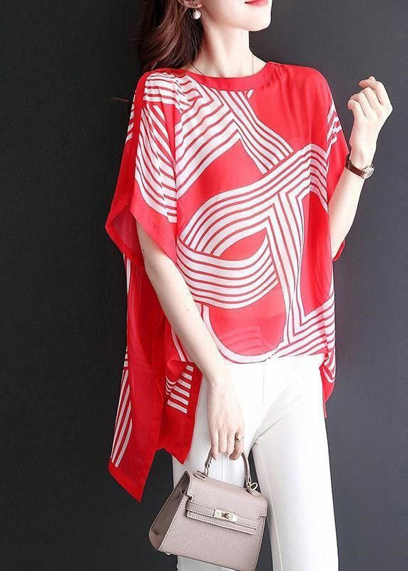 Women Red O Neck Print Patchwork Chiffon Tops Batwing Sleeve