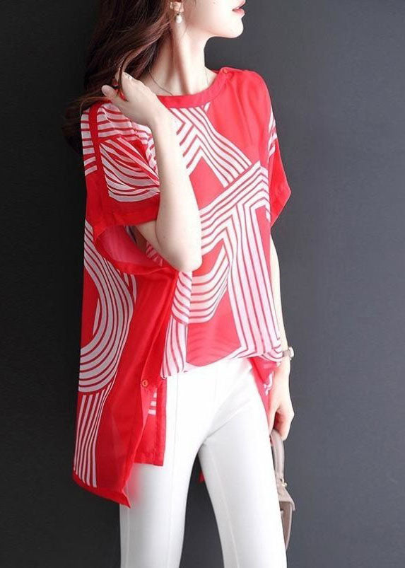 Women Red O Neck Print Patchwork Chiffon Tops Batwing Sleeve