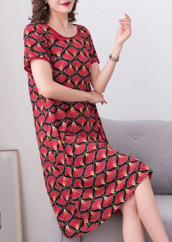 Women Red O Neck Print Patchwork Cotton Dress Summer