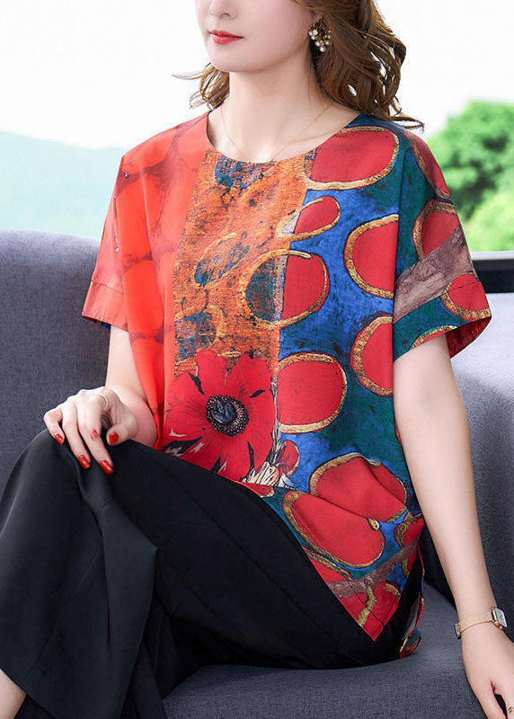 Women Red O-Neck Print Side Open Silk Top Summer