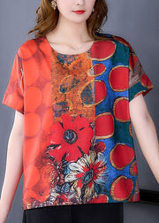 Women Red O-Neck Print Side Open Silk Top Summer