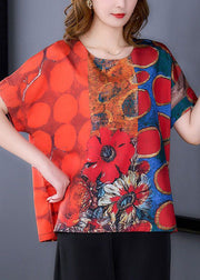 Women Red O-Neck Print Side Open Silk Top Summer