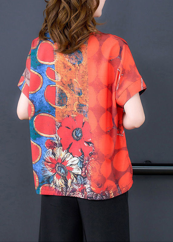 Women Red O-Neck Print Side Open Silk Top Summer