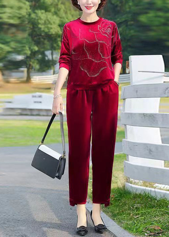 Women Red O-Neck Print Silk Velour Top And Crop Pants Two Piece Set Long Sleeve