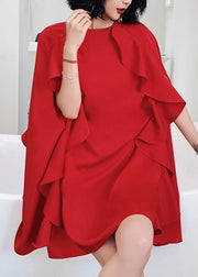 Women Red O-Neck Ruffled Patchwork Cotton Mid Dresses Summer