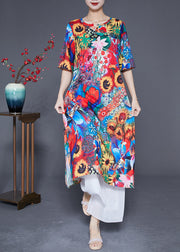 Women Red O-Neck Sunflower Print Silk Dress Summer