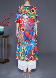 Women Red O-Neck Sunflower Print Silk Dress Summer