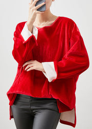 Women Red Oversized Bow Silk Velour Shirt Tops Spring