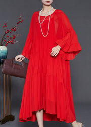 Women Red Oversized Exra Large Hem Chiffon Dresses Flare Sleeve