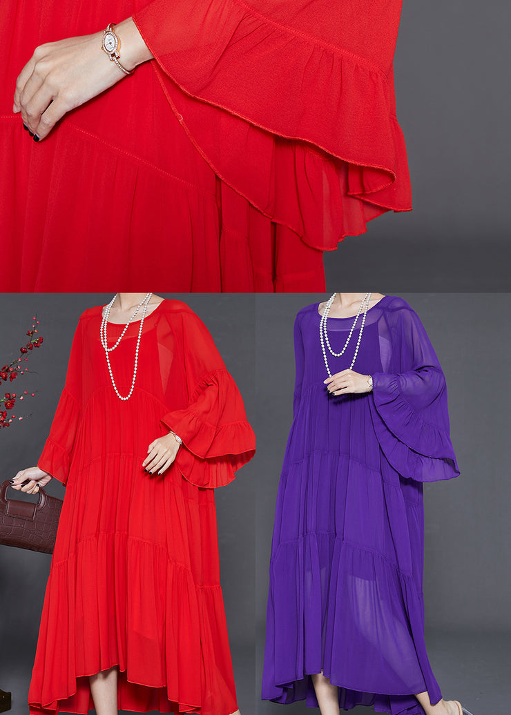 Women Red Oversized Exra Large Hem Chiffon Dresses Flare Sleeve