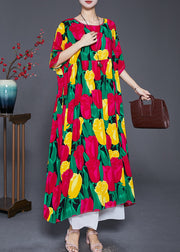 Women Red Oversized Print Cotton Long Dresses Summer