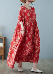 Women Red Oversized Print Exra Large Hem Cotton Vacation Dresses Summer