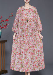 Women Red Oversized Print Linen Dresses Spring