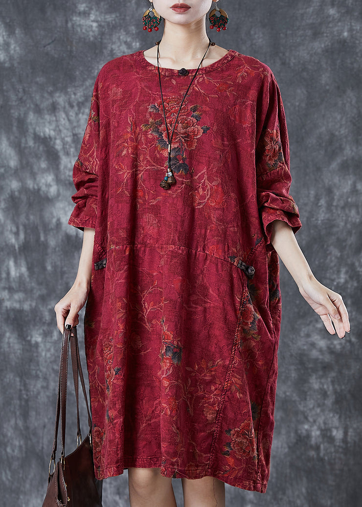 Women Red Oversized Print Linen Oriental Dress Fall