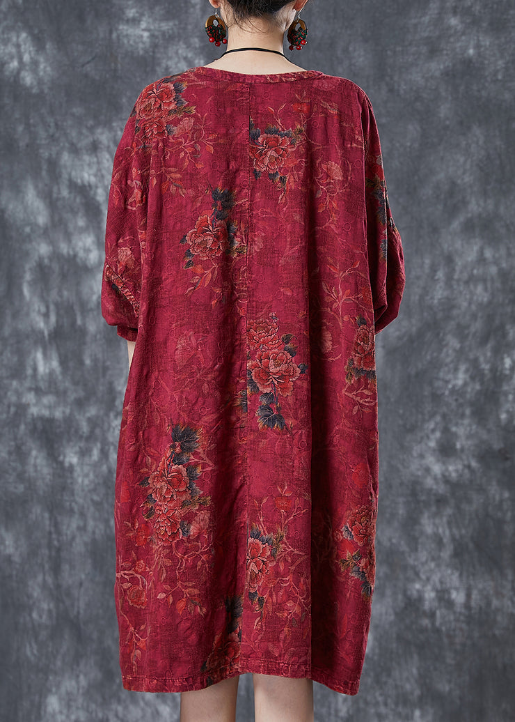 Women Red Oversized Print Linen Oriental Dress Fall