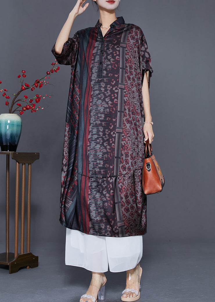 Women Red Oversized Print Silk Long Dress Summer